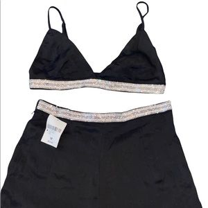 Black Rhinestone Two Piece Set- Bralette Top & Long Woven Flare Pants Size M